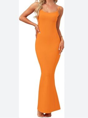 Women's Orange Ribbed Maxi Slip Dress with Spaghetti Straps